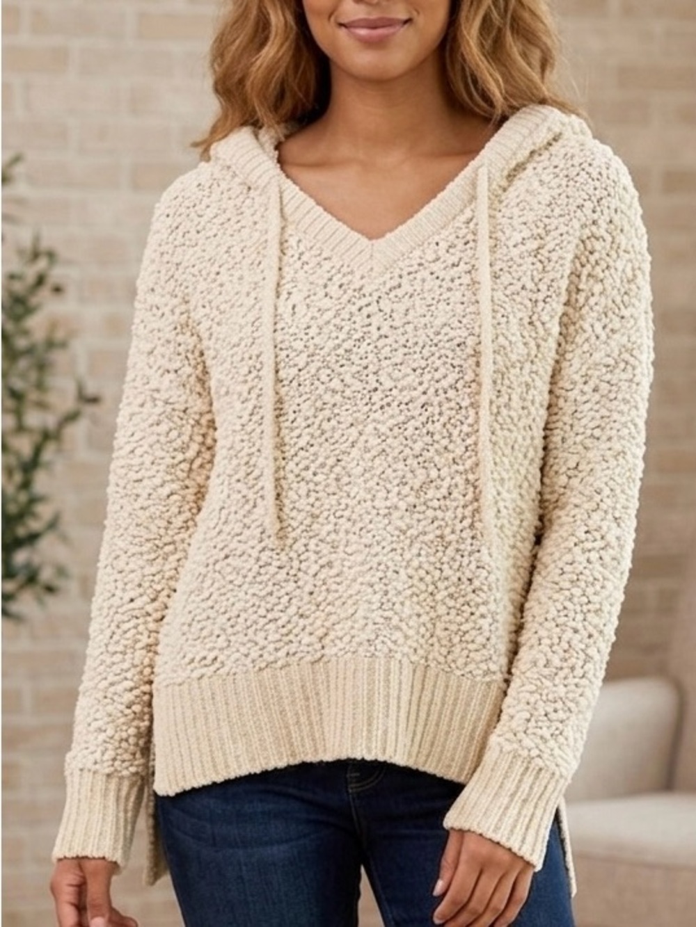 POL Cream Textured Popcorn Knit Hoodie Sweater One Size Fits Most Bohemian